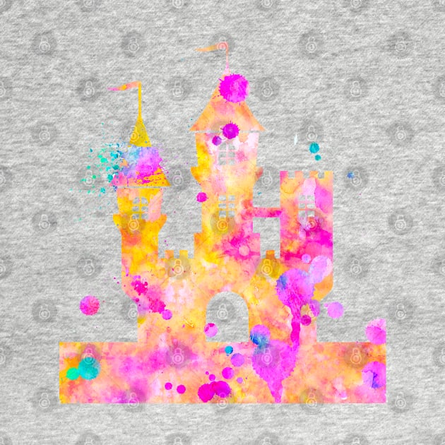 Princess Castle Watercolor Painting Pink Yellow Orange by Miao Miao Design